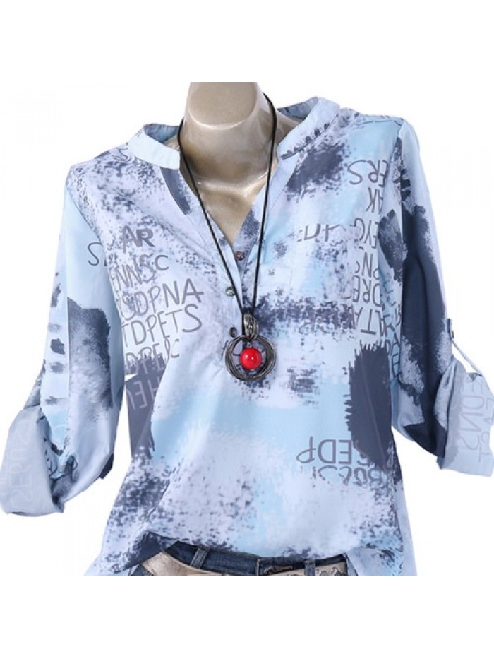 Casual Print V Neck Long Sleeve Tops