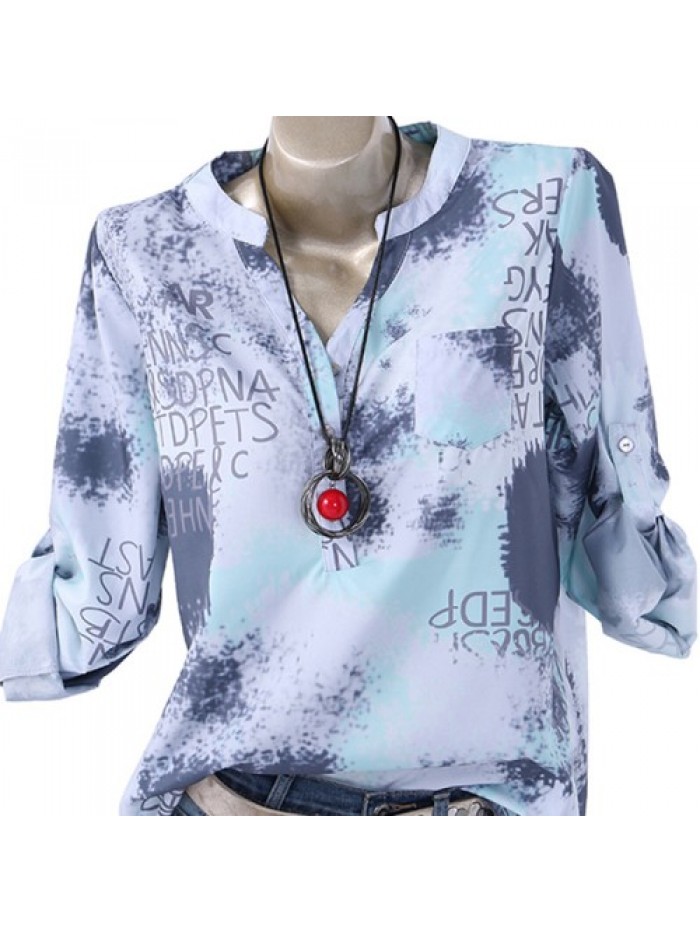 Casual Print V Neck Long Sleeve Tops