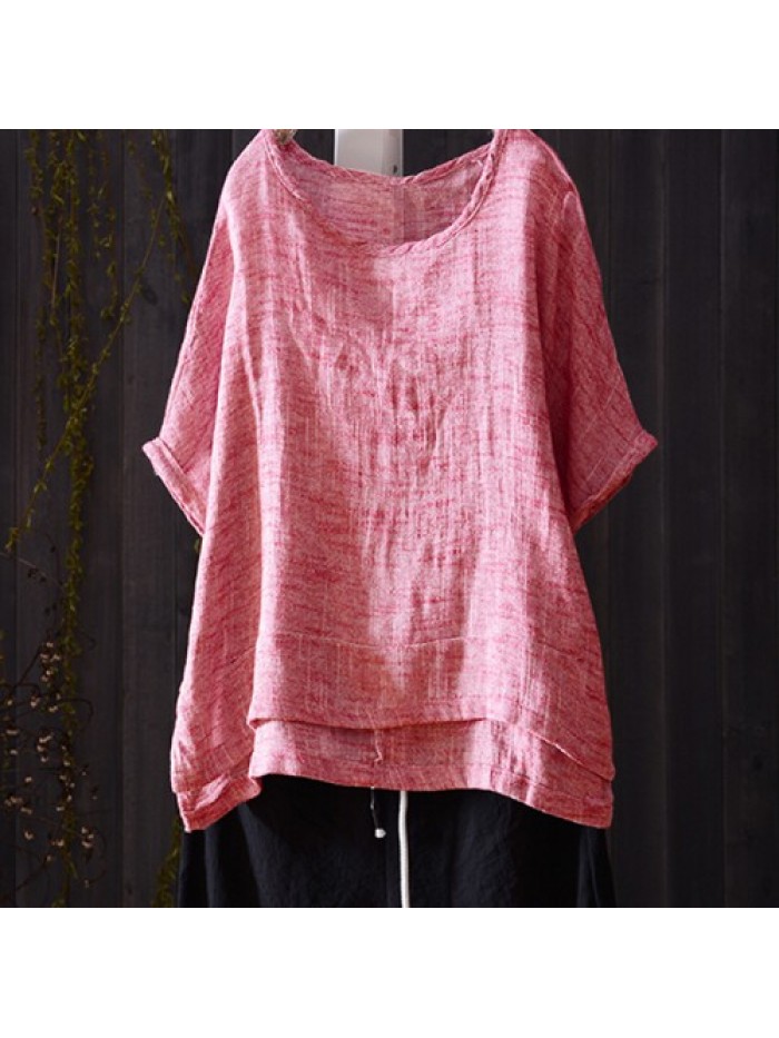 Solid Color Short Sleeve Asymmetrical Split Casual Blouse