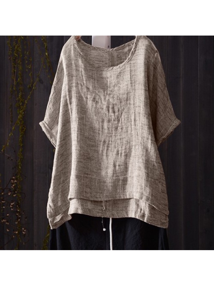 Solid Color Short Sleeve Asymmetrical Split Casual Blouse