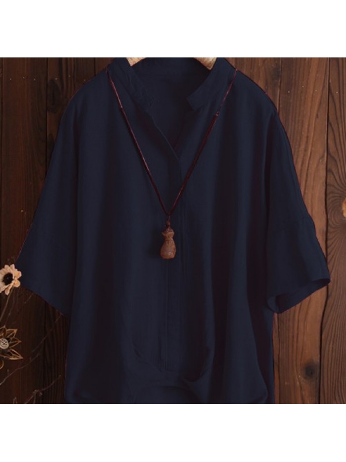 Solid Color Loose Casual Pleated Sleeve Blouse