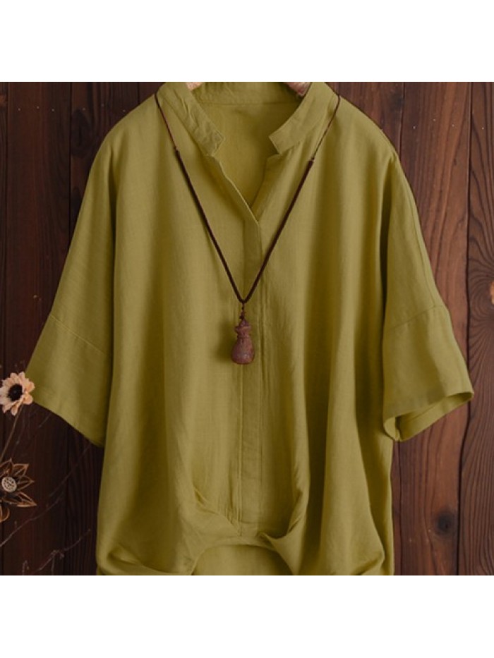 Solid Color Loose Casual Pleated Sleeve Blouse