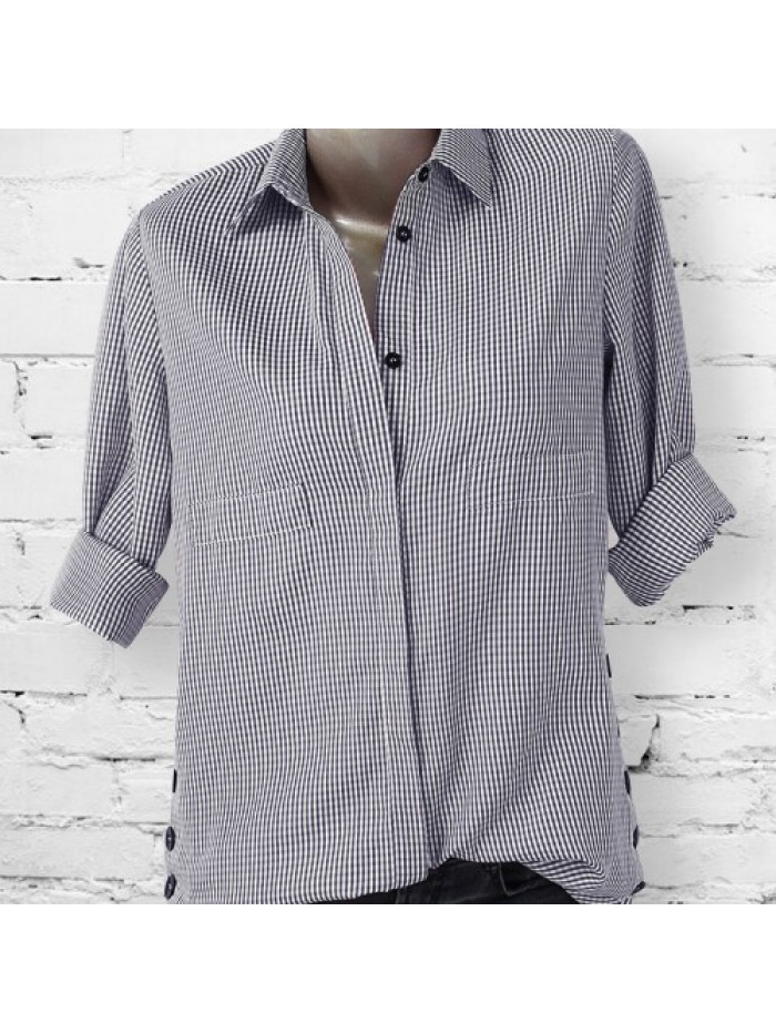 Simple Plaid Side Buttons Blouse