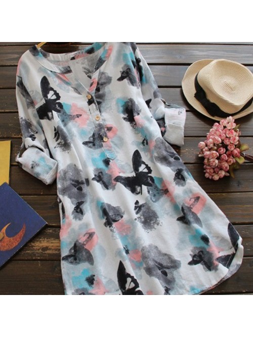 Printed V Neck Long Sleeve Shirt Dress