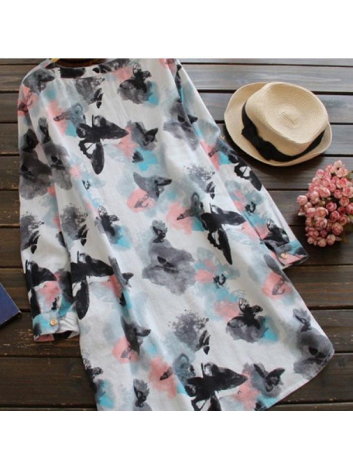 Printed V Neck Long Sleeve Shirt Dress