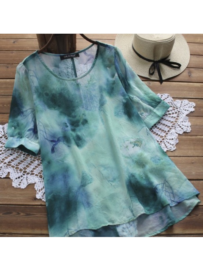 Blue/Purple Ink Print Short Sleeve Lace stitching Blouse