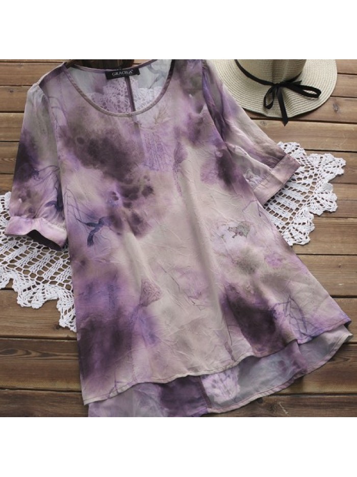 Blue/Purple Ink Print Short Sleeve Lace stitching Blouse