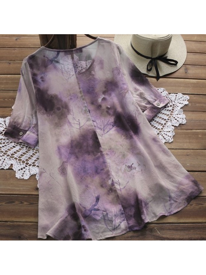 Blue/Purple Ink Print Short Sleeve Lace stitching Blouse