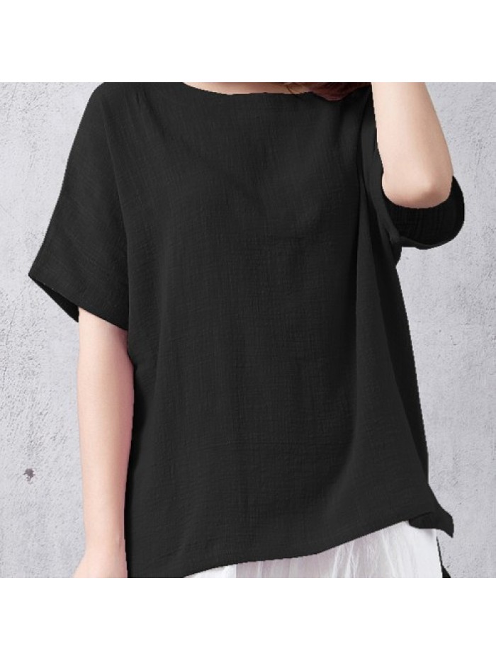 Simple Round neck Short Sleeve Baggy Blouse