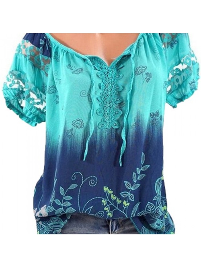 Colorful Floral Printed V-neck Short Sleeve T-Shirts