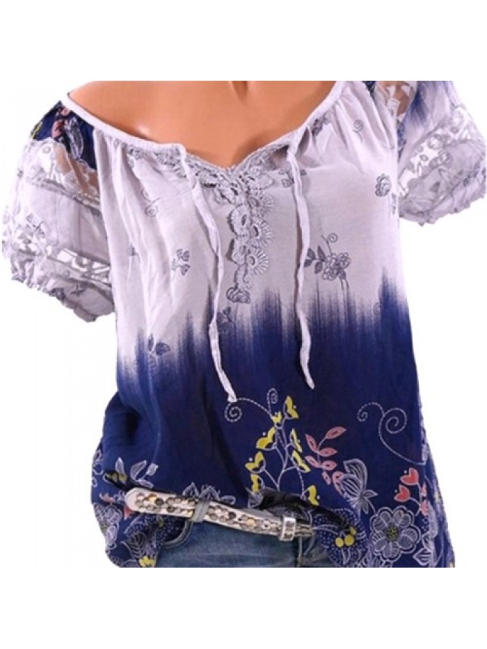 Colorful Floral Printed V-neck Short Sleeve T-Shirts