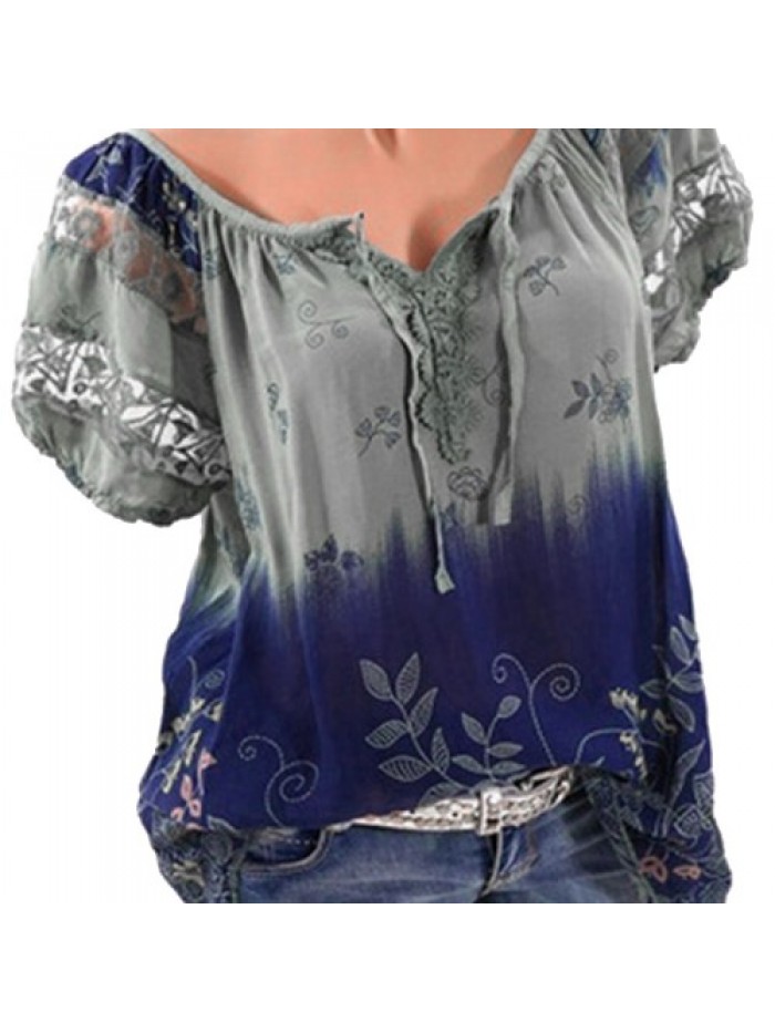 Colorful Floral Printed V-neck Short Sleeve T-Shirts