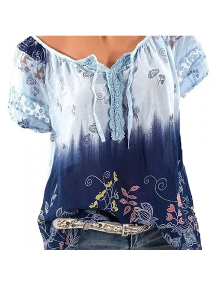 Colorful Floral Printed V-neck Short Sleeve T-Shirts