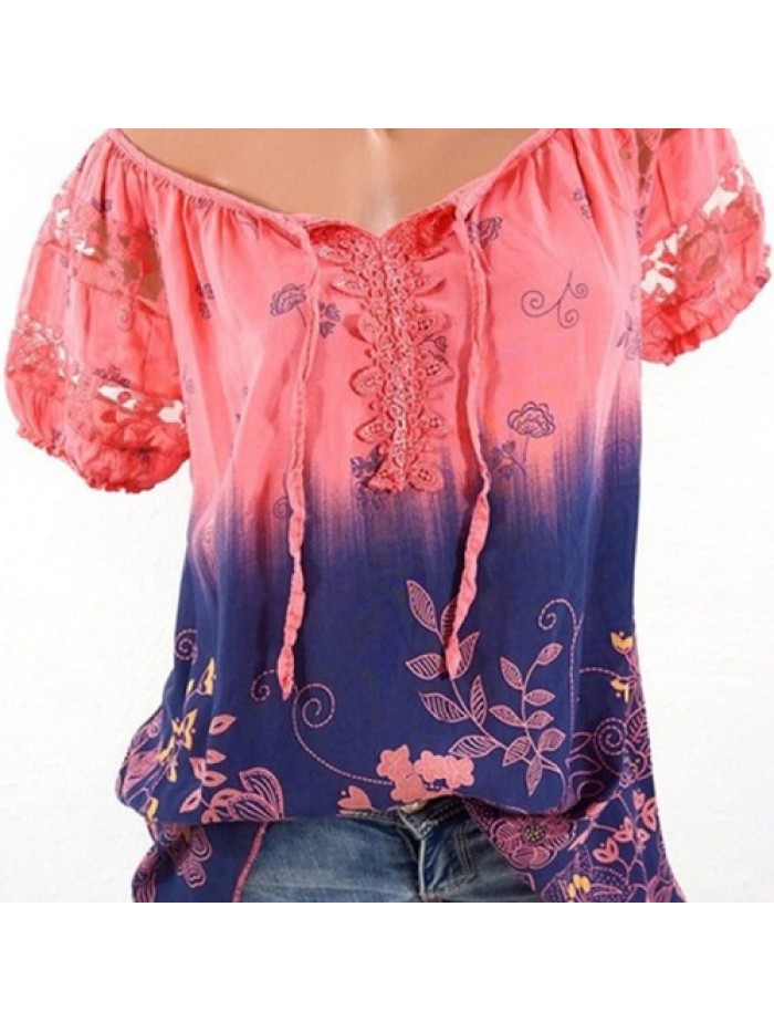 Colorful Floral Printed V-neck Short Sleeve T-Shirts