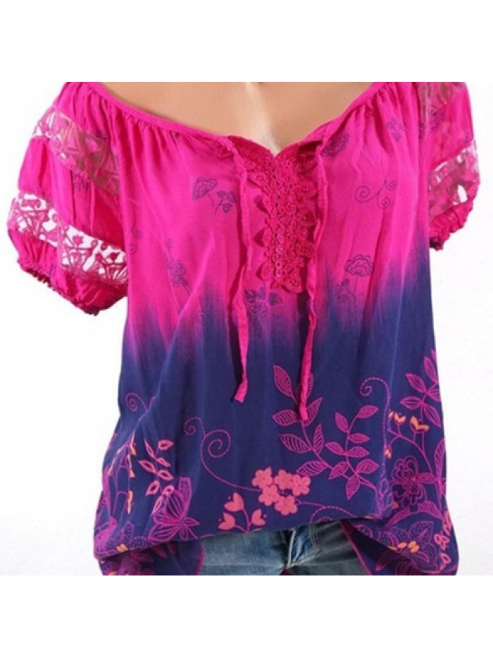 Colorful Floral Printed V-neck Short Sleeve T-Shirts