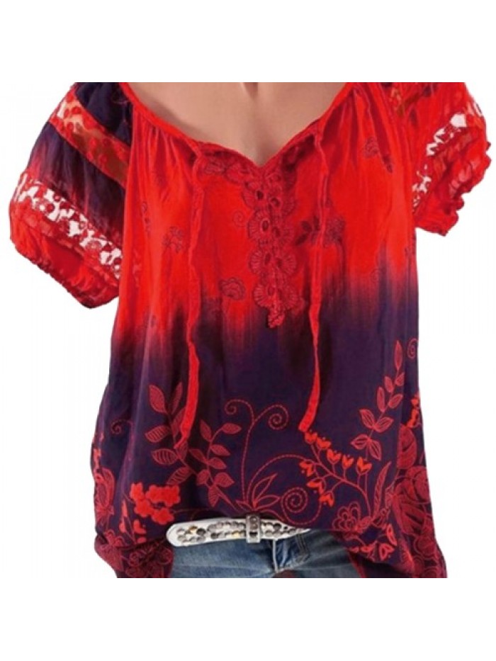 Colorful Floral Printed V-neck Short Sleeve T-Shirts