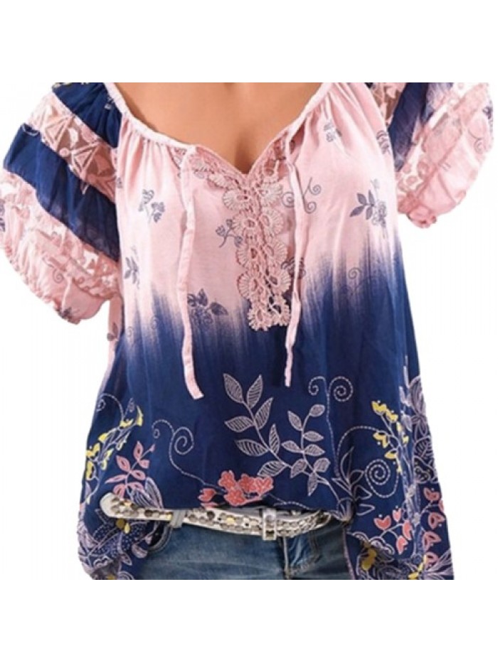 Colorful Floral Printed V-neck Short Sleeve T-Shirts