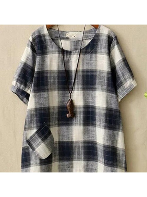 Simple Women Plaid Round-neck Short Sleeve Blouse