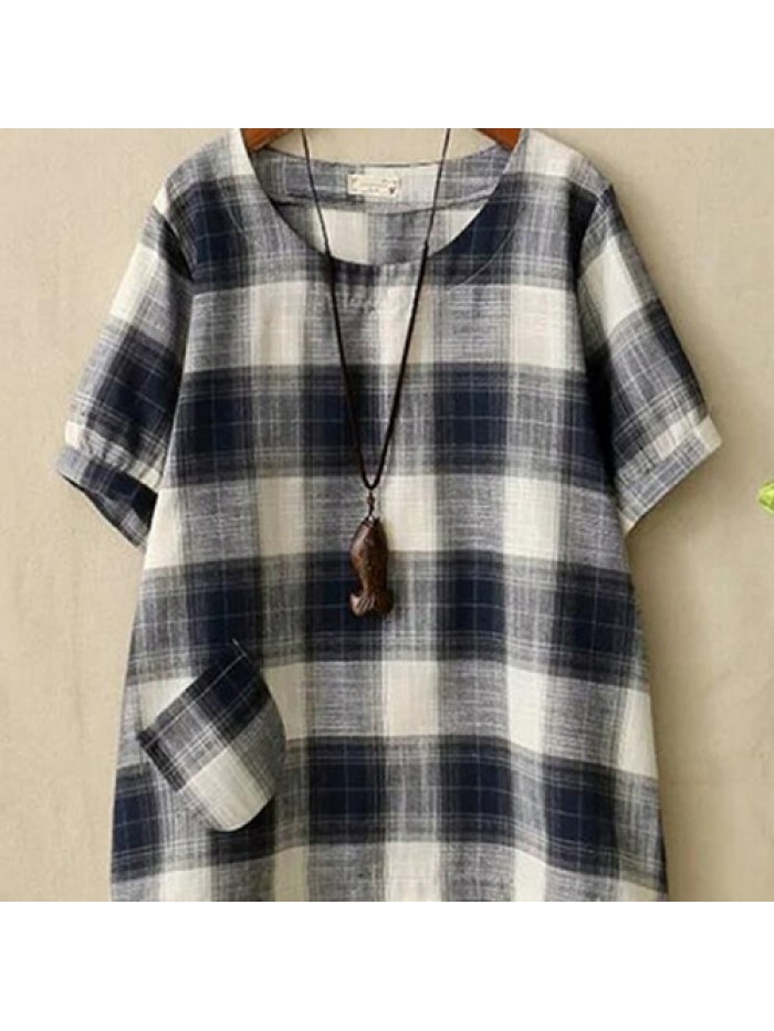 Simple Women Plaid Round-neck Short Sleeve Blouse