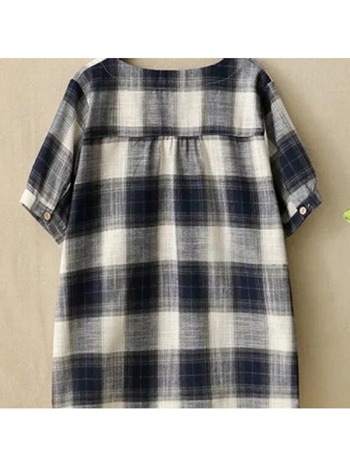 Simple Women Plaid Round-neck Short Sleeve Blouse