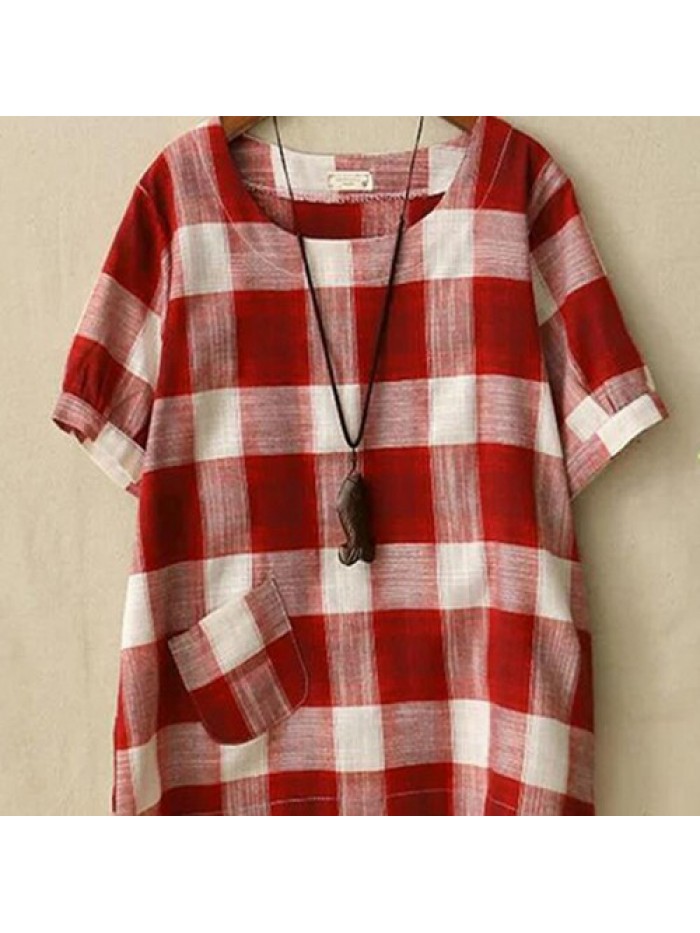 Simple Women Plaid Round-neck Short Sleeve Blouse