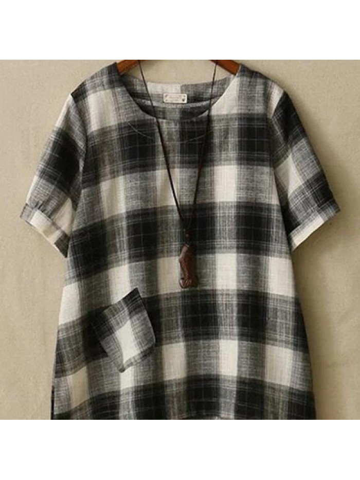 Simple Women Plaid Round-neck Short Sleeve Blouse