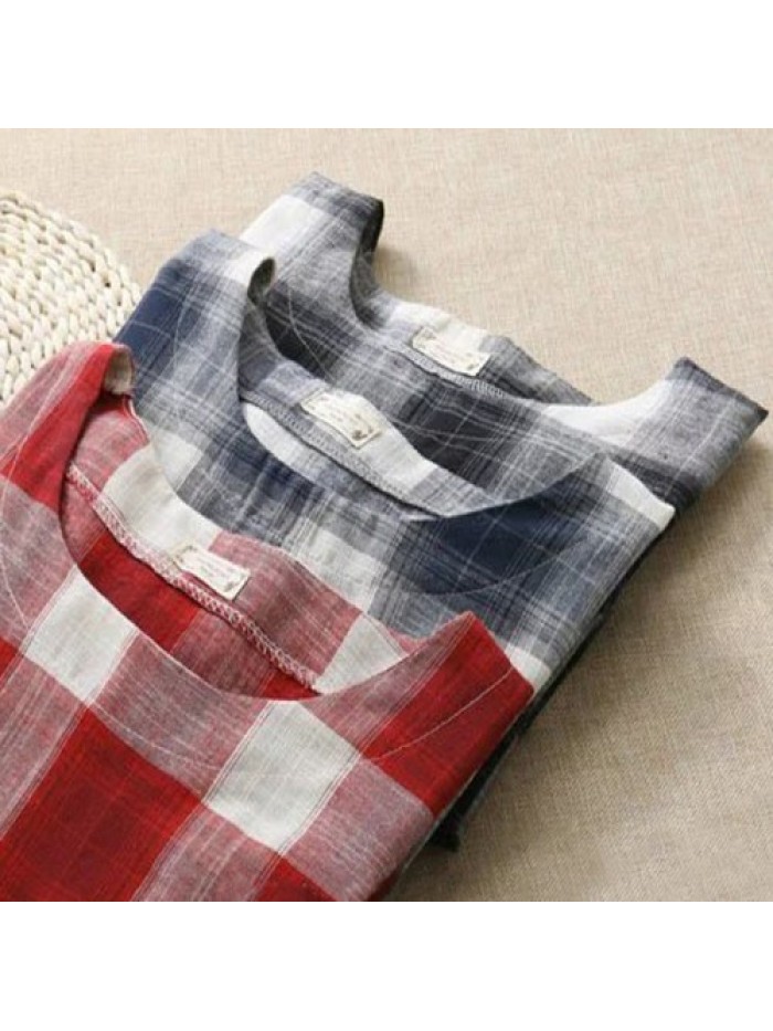 Simple Women Plaid Round-neck Short Sleeve Blouse