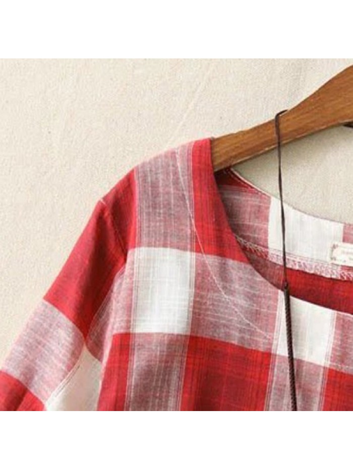 Simple Women Plaid Round-neck Short Sleeve Blouse