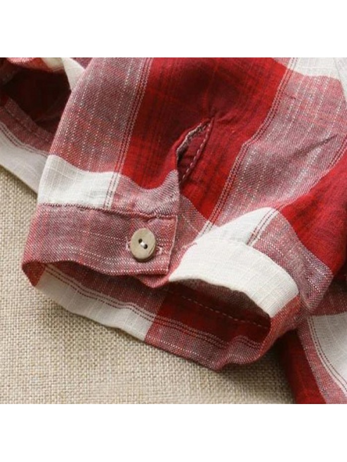 Simple Women Plaid Round-neck Short Sleeve Blouse