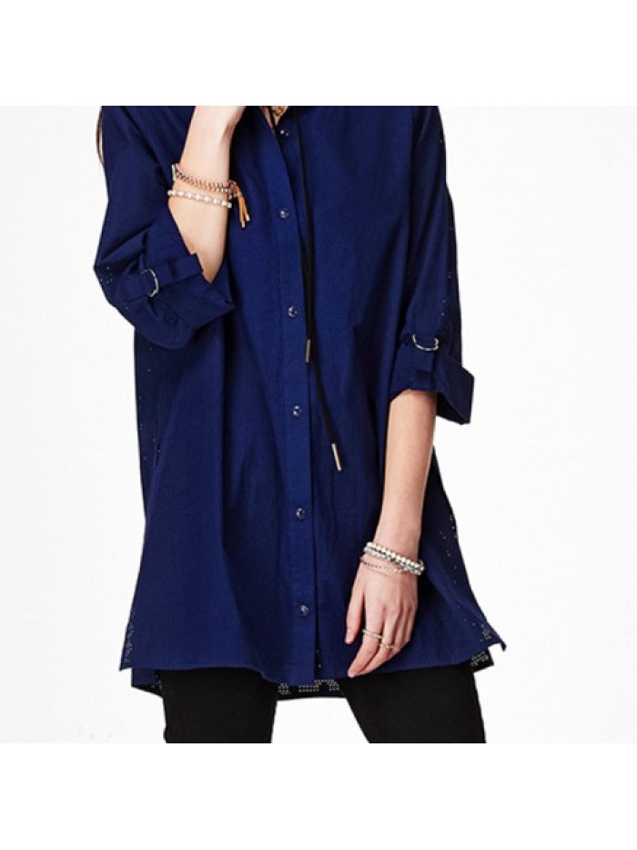 Simple White/Dark Blue Cotton Loose Adjustable Sleeve Blouse