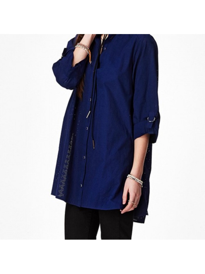 Simple White/Dark Blue Cotton Loose Adjustable Sleeve Blouse