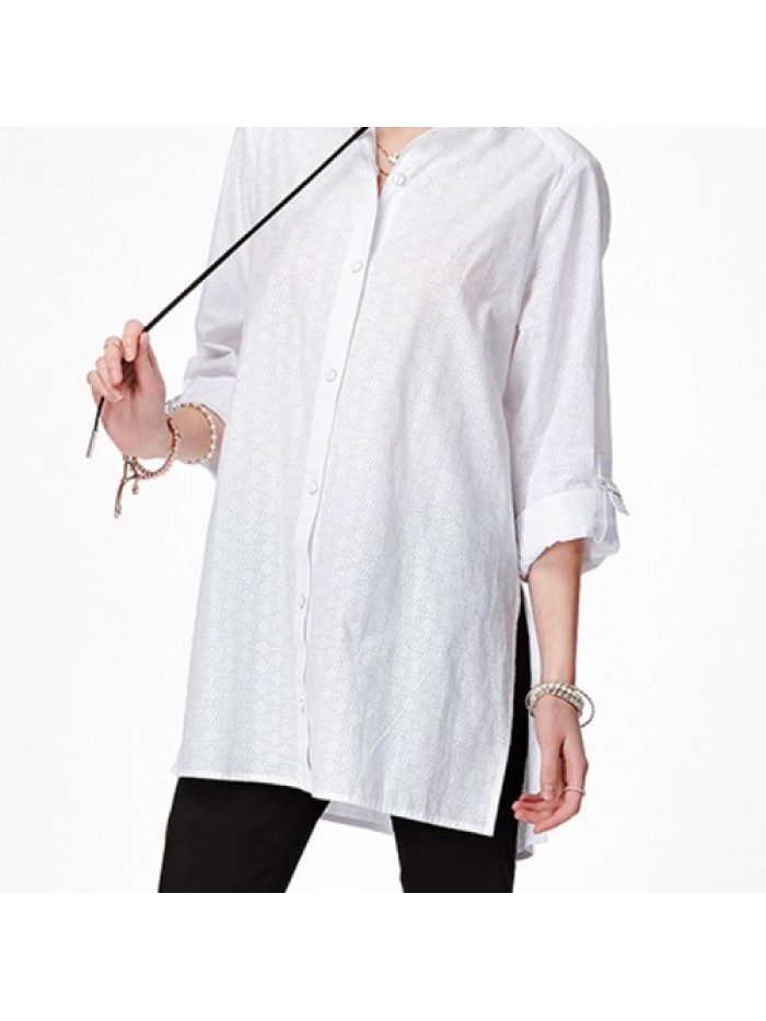 Simple White/Dark Blue Cotton Loose Adjustable Sleeve Blouse