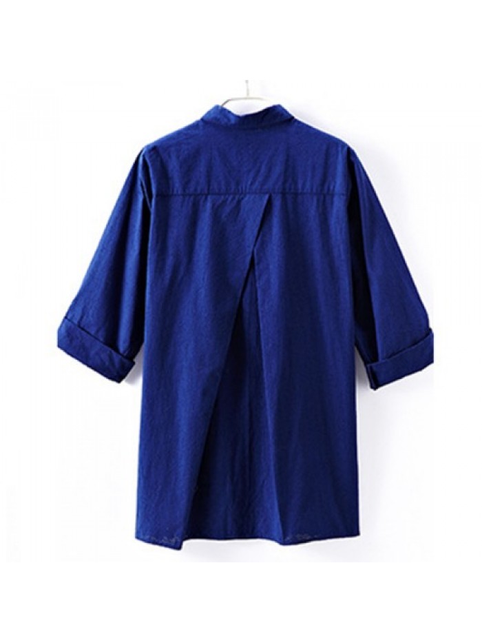 Simple White/Dark Blue Cotton Loose Adjustable Sleeve Blouse