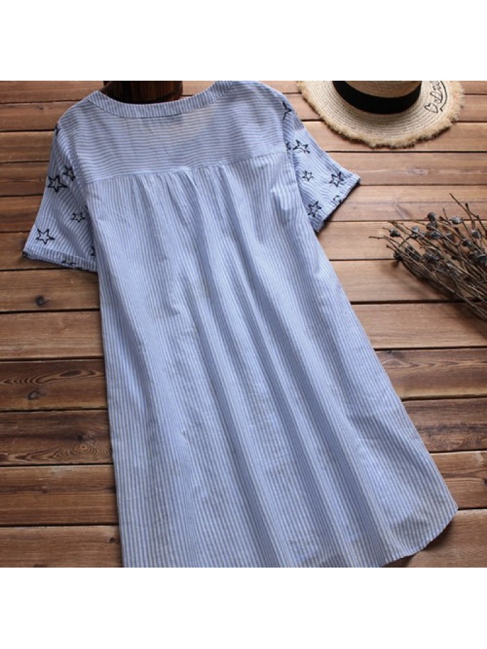 Casual Short Sleeve Leaf Embroidery Blouse