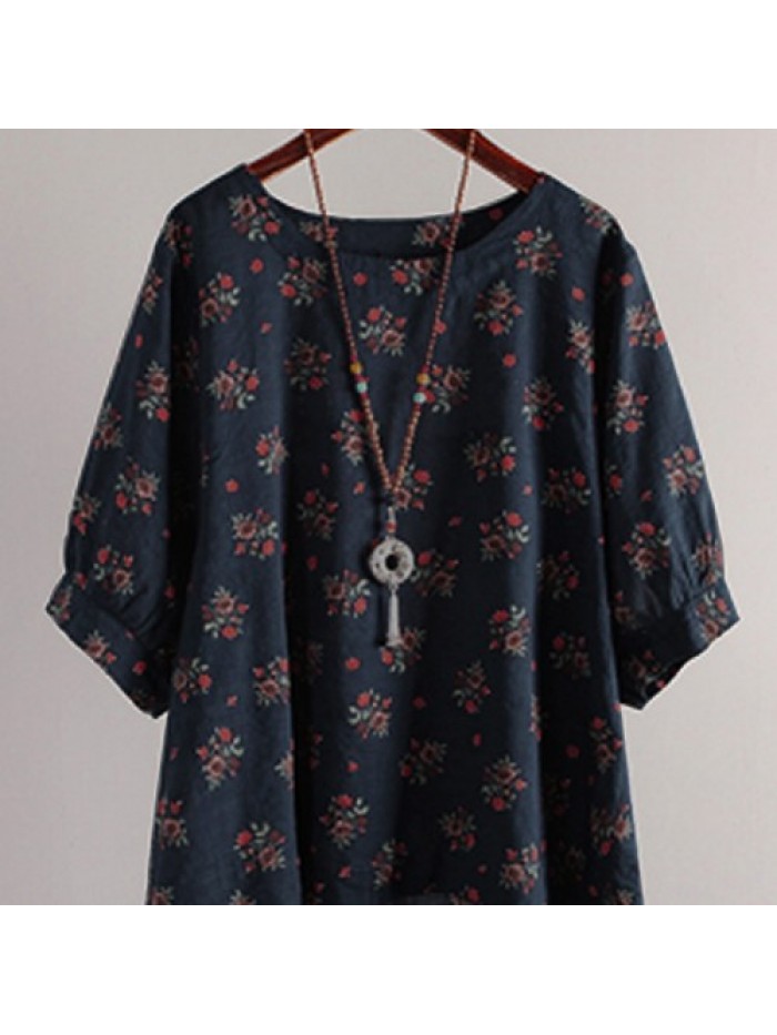 Cotton Casual Loose Floral Print Blouse