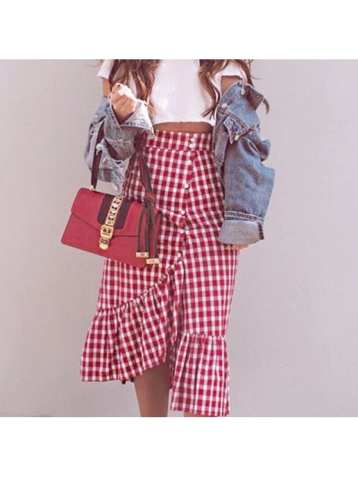 Black/Red High Waisted plaid asymmetric Fishtail Skirts