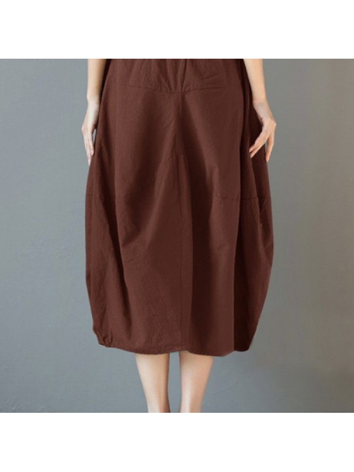 Solid Color Loose Elastic High Waist Cotton Skirts