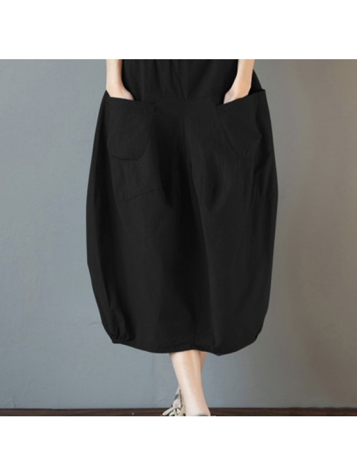 Solid Color Loose Elastic High Waist Cotton Skirts