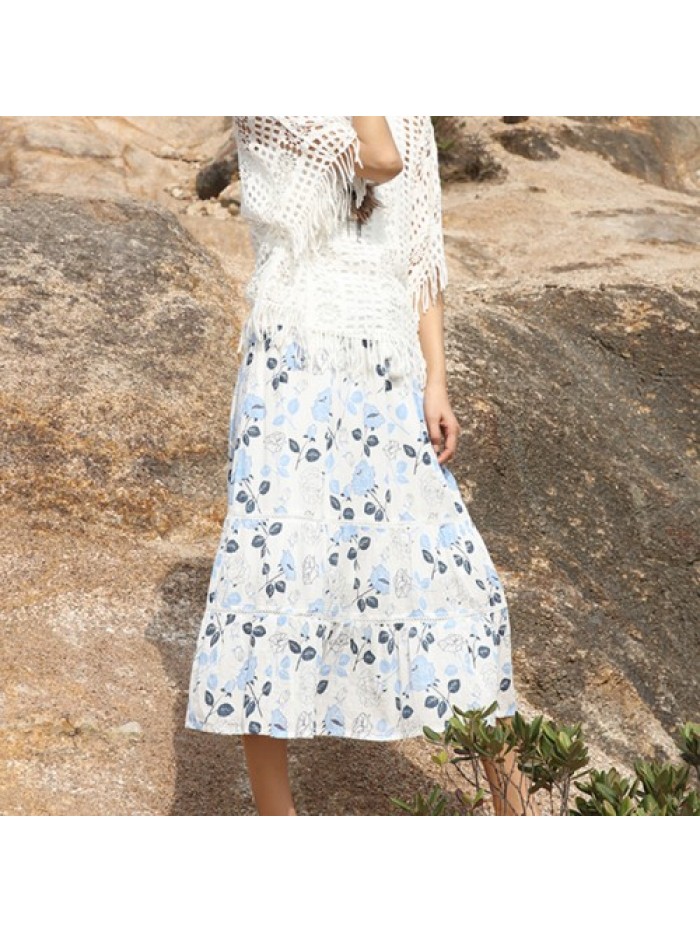 White Floral Print Elastic Waist Pleated Skirts