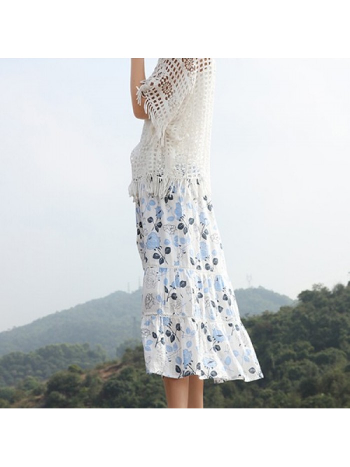 White Floral Print Elastic Waist Pleated Skirts