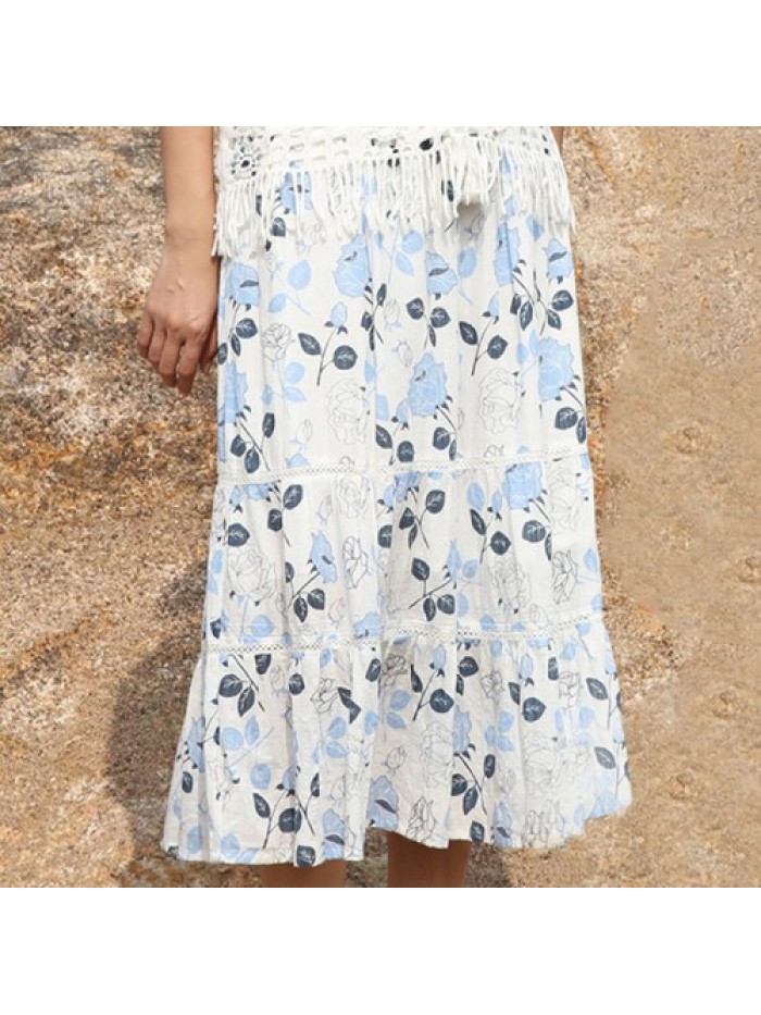 White Floral Print Elastic Waist Pleated Skirts