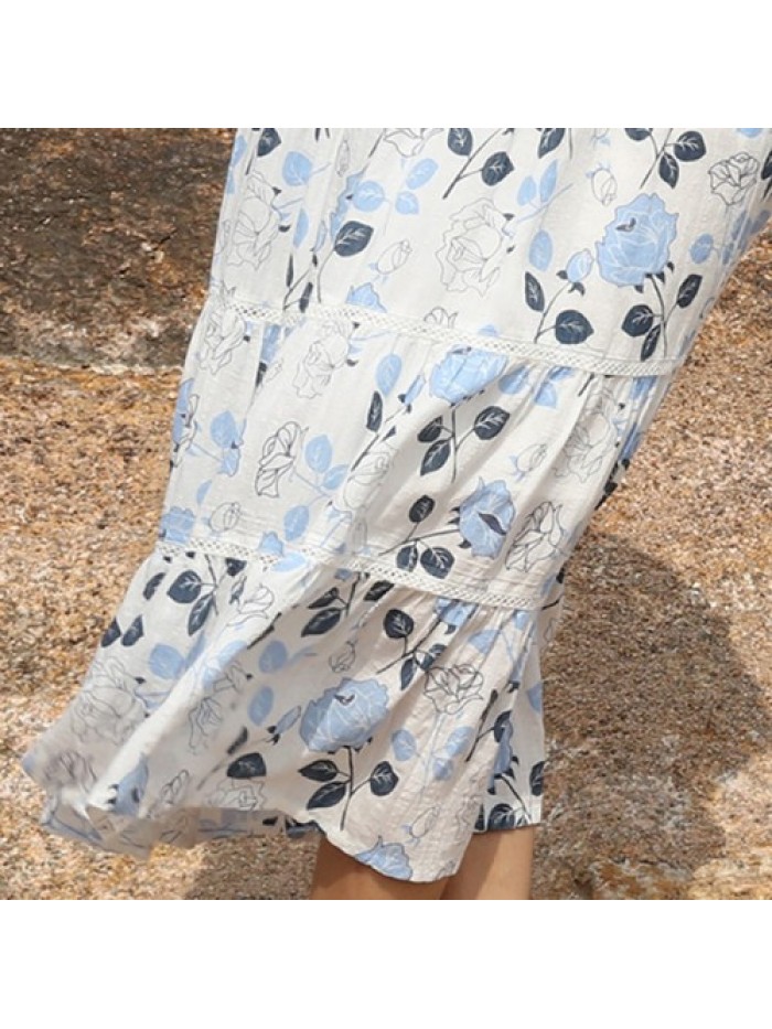 White Floral Print Elastic Waist Pleated Skirts