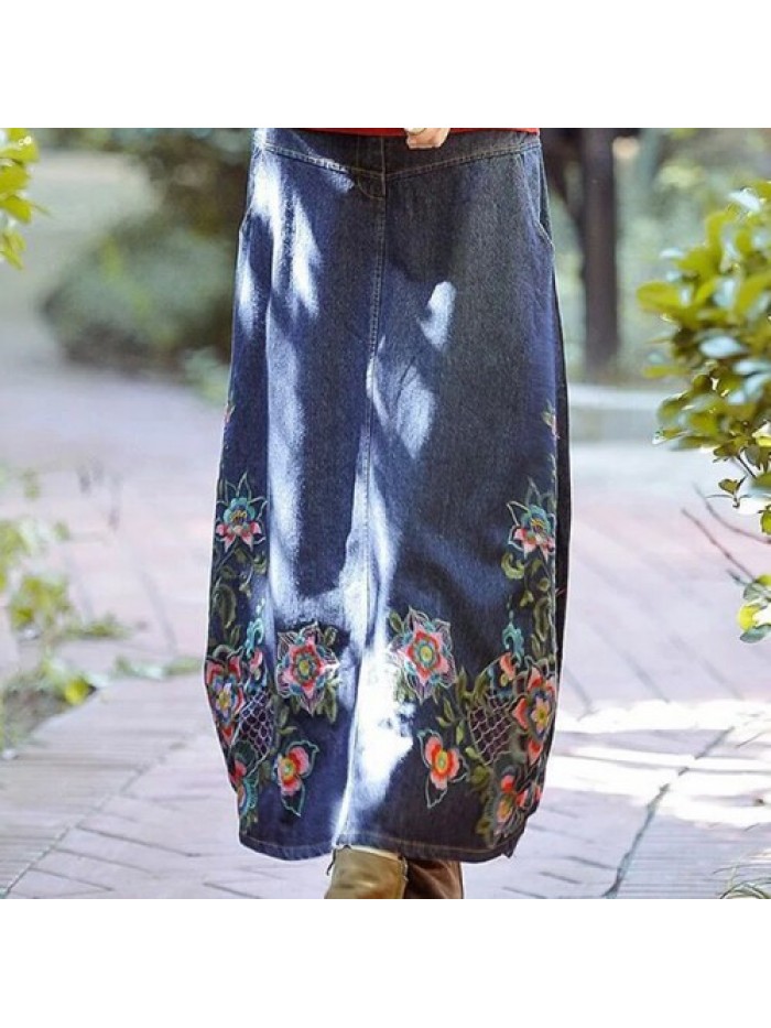 Casual Floral Embroidery Loose Denim Skirt