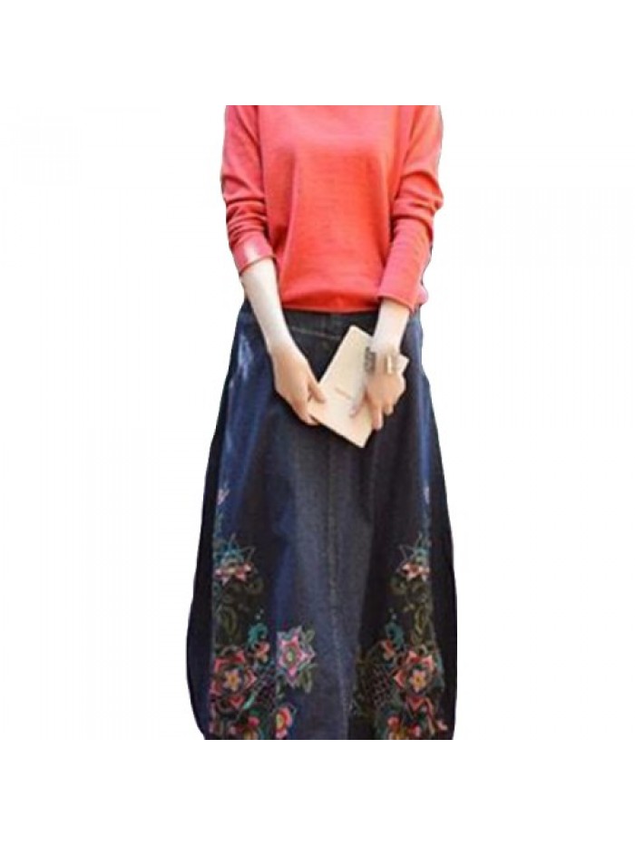 Casual Floral Embroidery Loose Denim Skirt