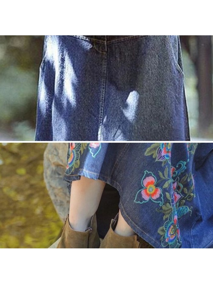 Casual Floral Embroidery Loose Denim Skirt