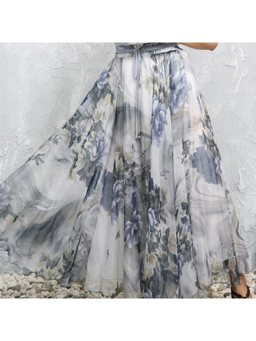 Vintage Floral Print Loose Hem Chiffon Long Skirts