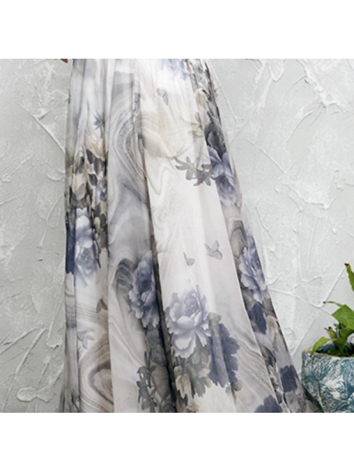 Vintage Floral Print Loose Hem Chiffon Long Skirts