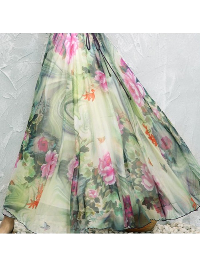 Vintage Floral Print Loose Hem Chiffon Long Skirts