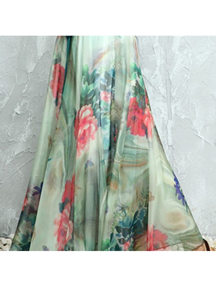 Vintage Floral Print Loose Hem Chiffon Long Skirts