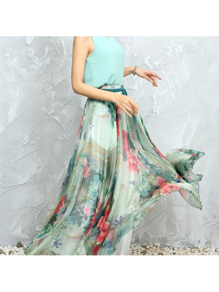 Vintage Floral Print Loose Hem Chiffon Long Skirts